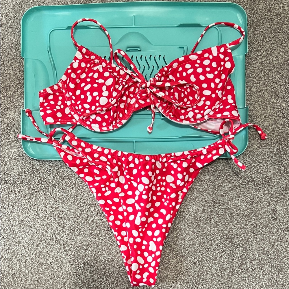 Red & White Polka Dot Tie-Side Bikini Set